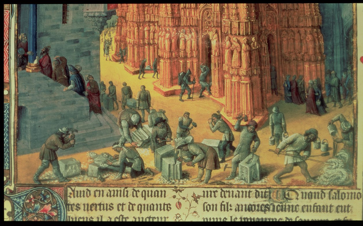 Fr 847 f.153 La Construction du Temple de Jérusalem, détail montrant des maçons au travail, illustration de 
