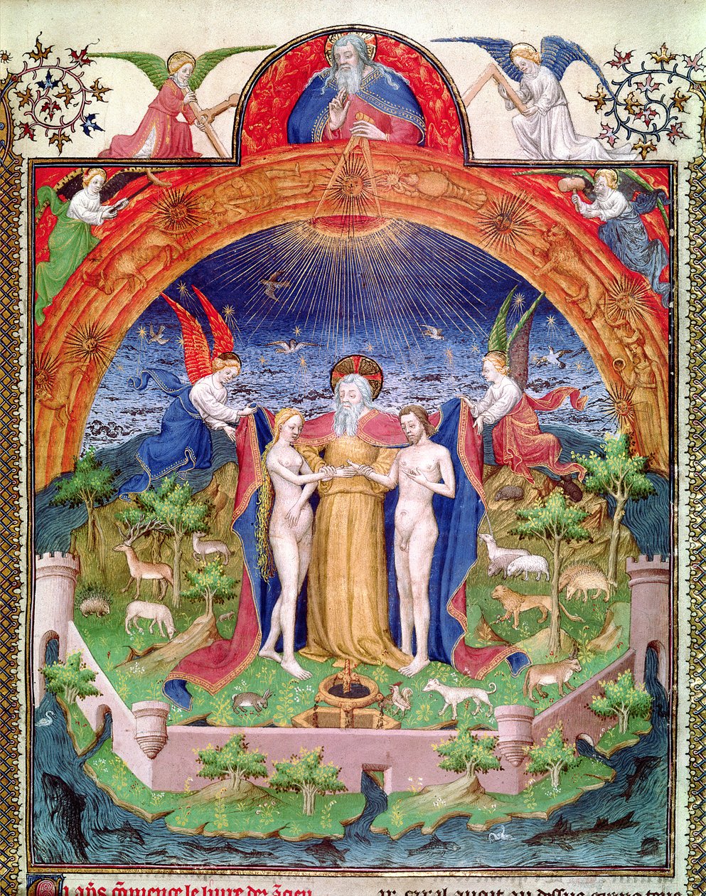 La Création, Dieu introduisant Adam et Ève, illustration des 