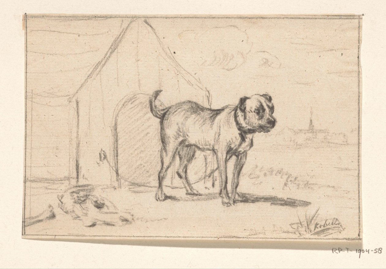 Chien en laisse, debout devant sa niche - Jean Bernard