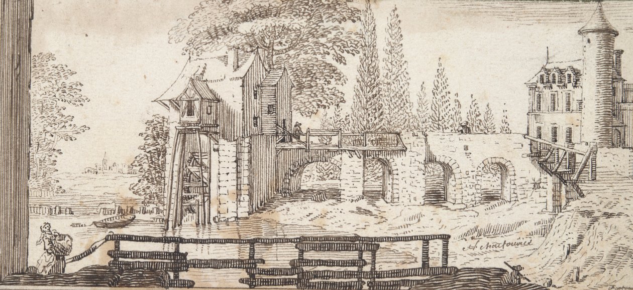 Scène rustique avec moulin et étang - Jean Chaufourier