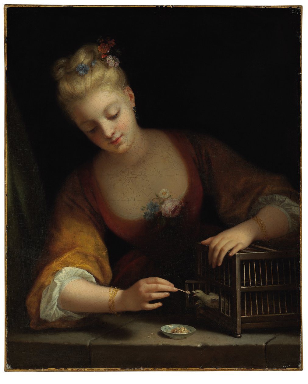 Jeune fille faisant manger des oiseaux - Jean Raoux