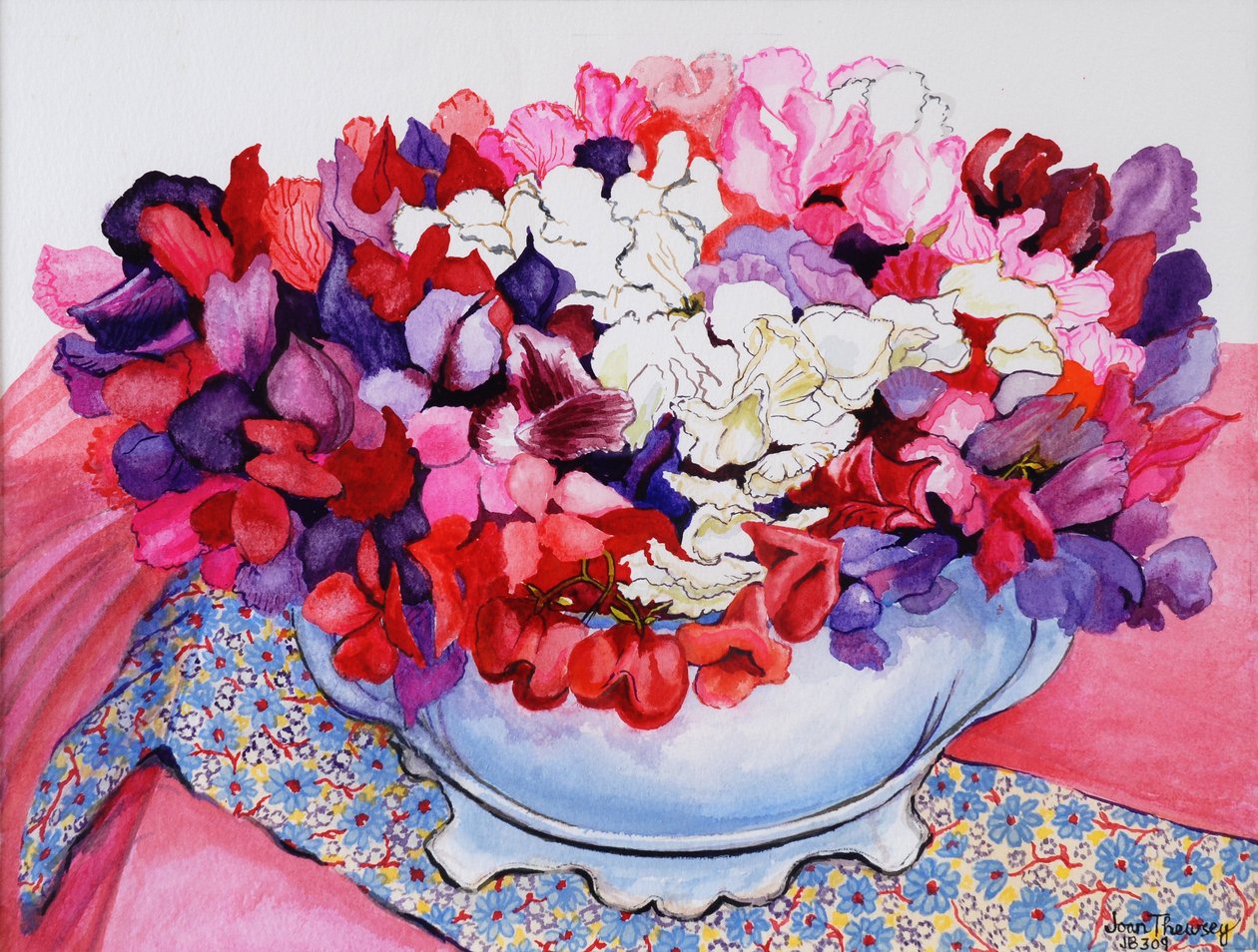 Pois de senteur dans un pot victorien avec textiles, 2012 - Joan Thewsey