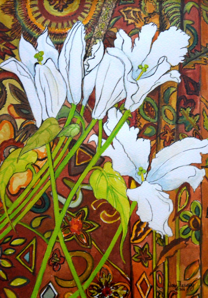 Lys contre un tissu à motifs - Joan Thewsey