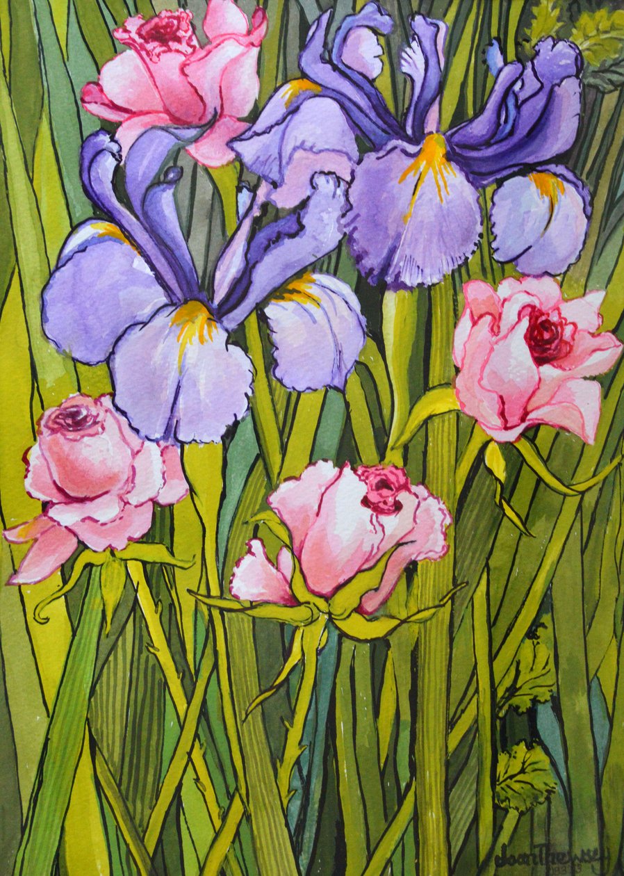 Roses et iris dans le jardin - Joan Thewsey