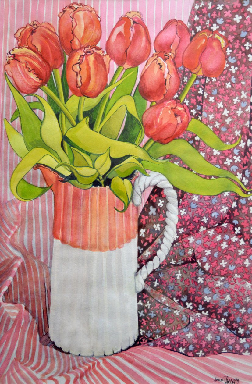 Tulipes dans un pichet rose et blanc - Joan Thewsey