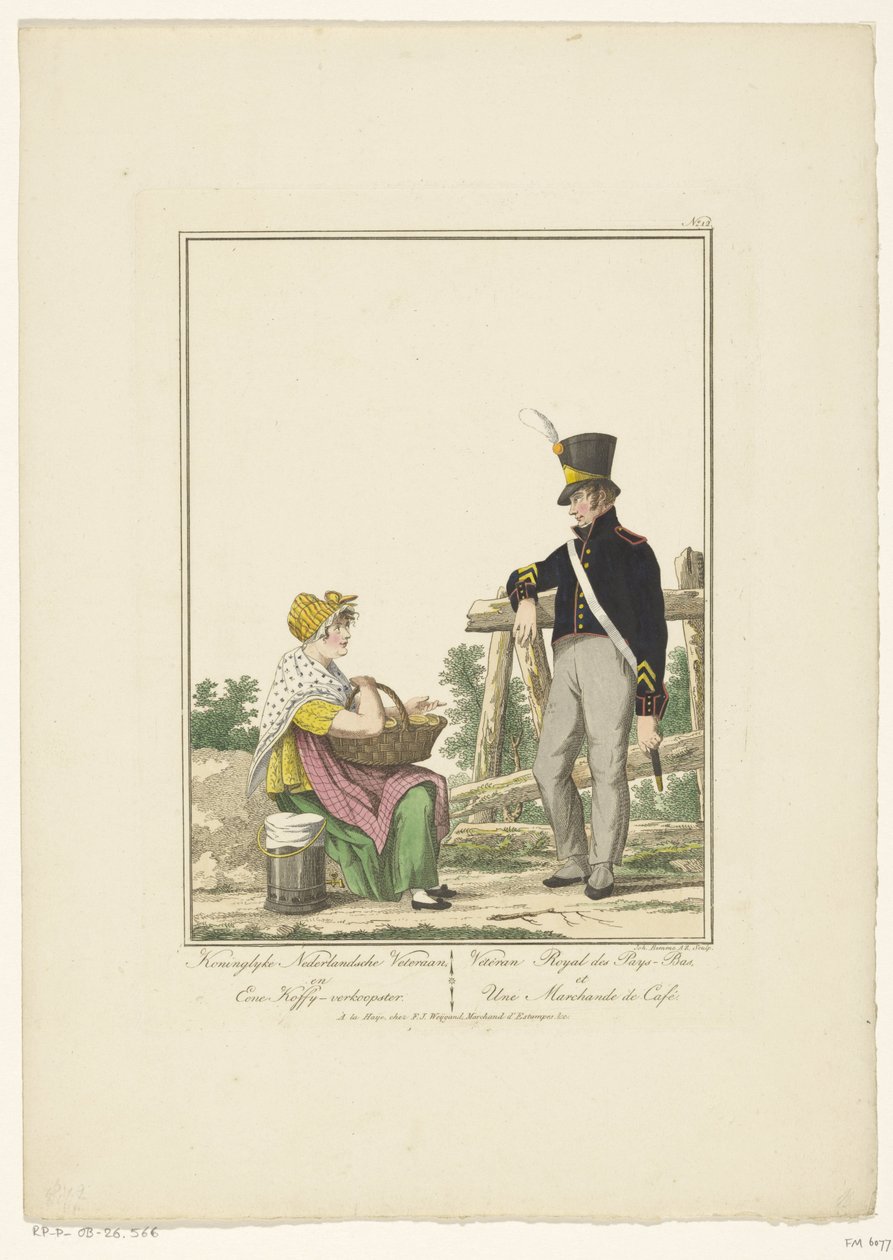Soldat debout avec une vendeuse de café assise (Uniformes et costumes) - Joannes Bemme