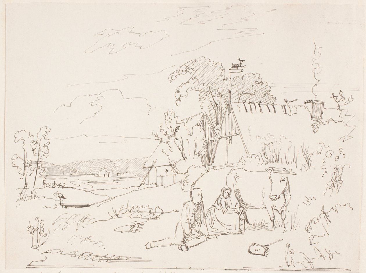 Une scène de traite, collée page 14 - Johan Thomas Lundbye