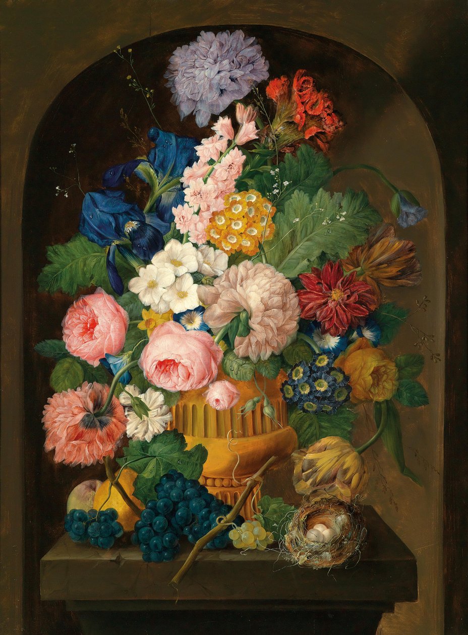 Nature morte de fleurs avec un nid d
