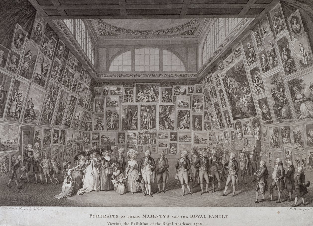 Vue intérieure de Somerset House montrant le roi George III, la reine Charlotte et la famille royale visitant une exposition de la Royal Academy of Arts en 1788 - Johann Heinrich Ramberg