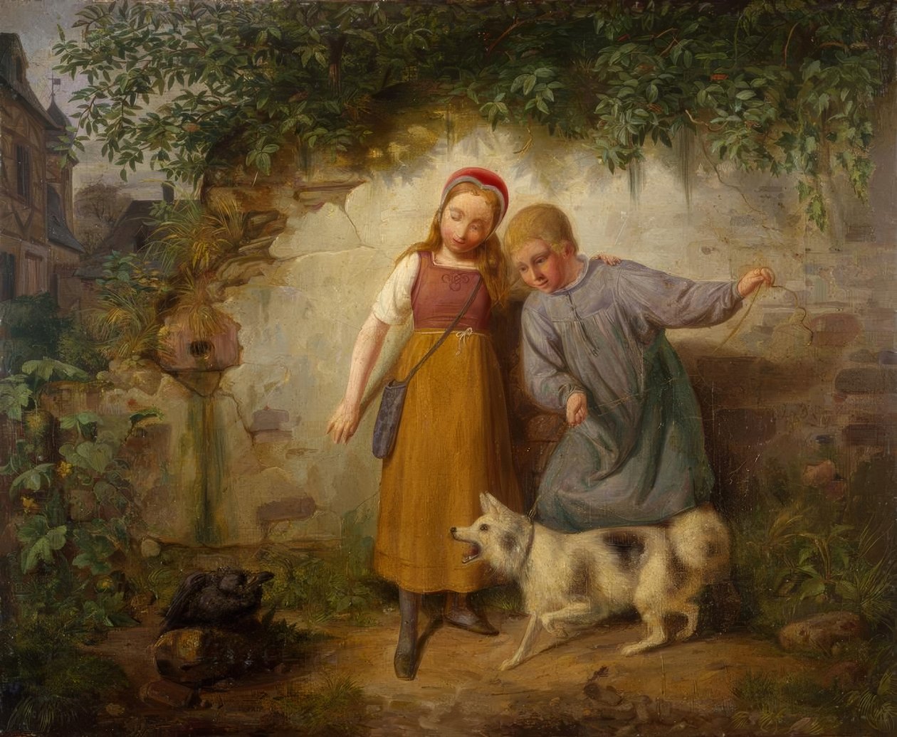 Deux enfants avec un spitz - Johann Baptist Zwecker