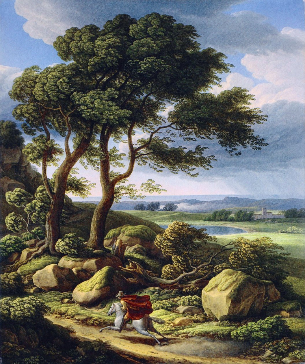 French : Paysage de tempête avec cavalier. - Johann Christian Reinhart