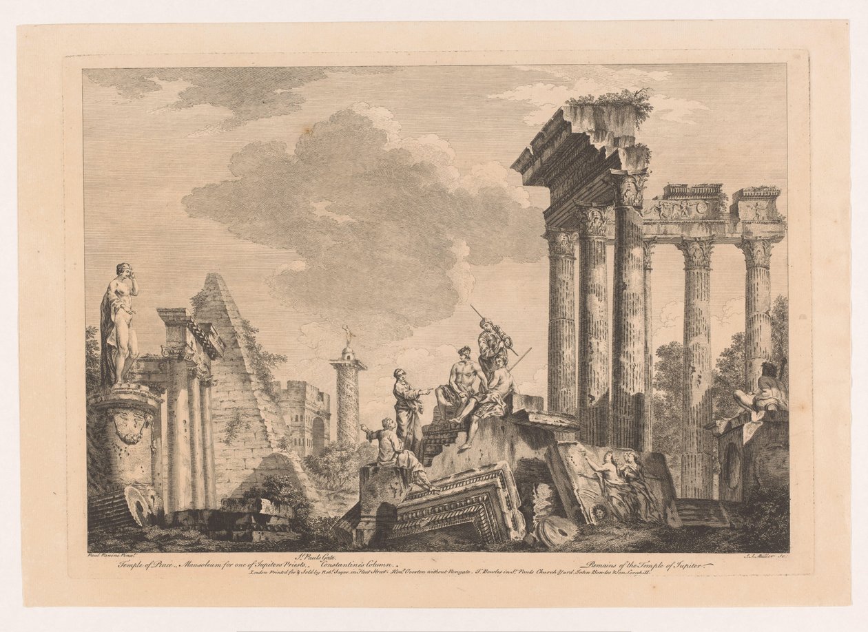 Cinq hommes discutant près de ruines antiques - Johann Sebastian Muller