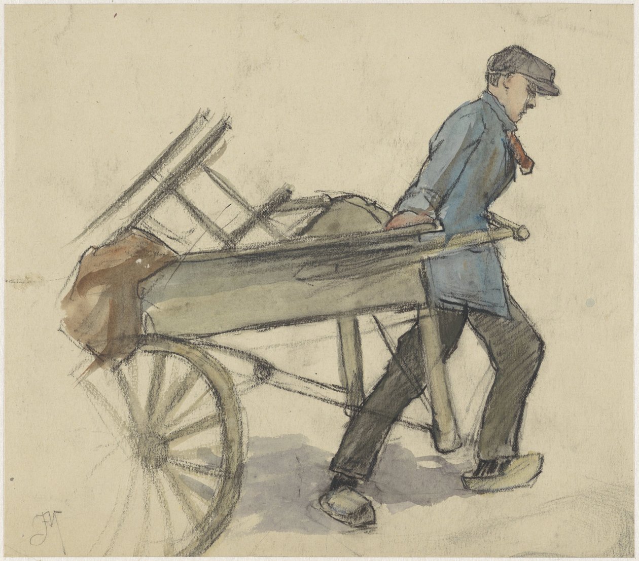 Homme tirant une charrette à bras - Johannes Abraham Mondt