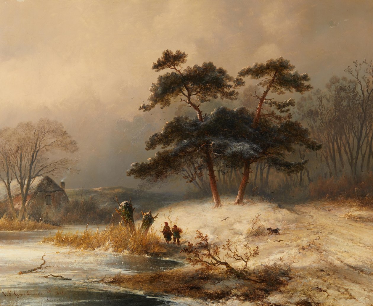 Johannes Franciscus Hoppenbrouwer ramassant des brindilles dans la forêt hivernale - Johannes Franciscus Hoppenbrouwers