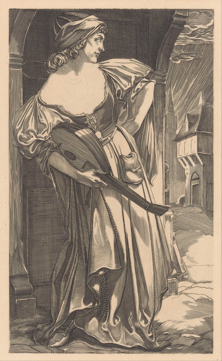 Femme avec luth dans la rue - Johannes Josephus Aarts