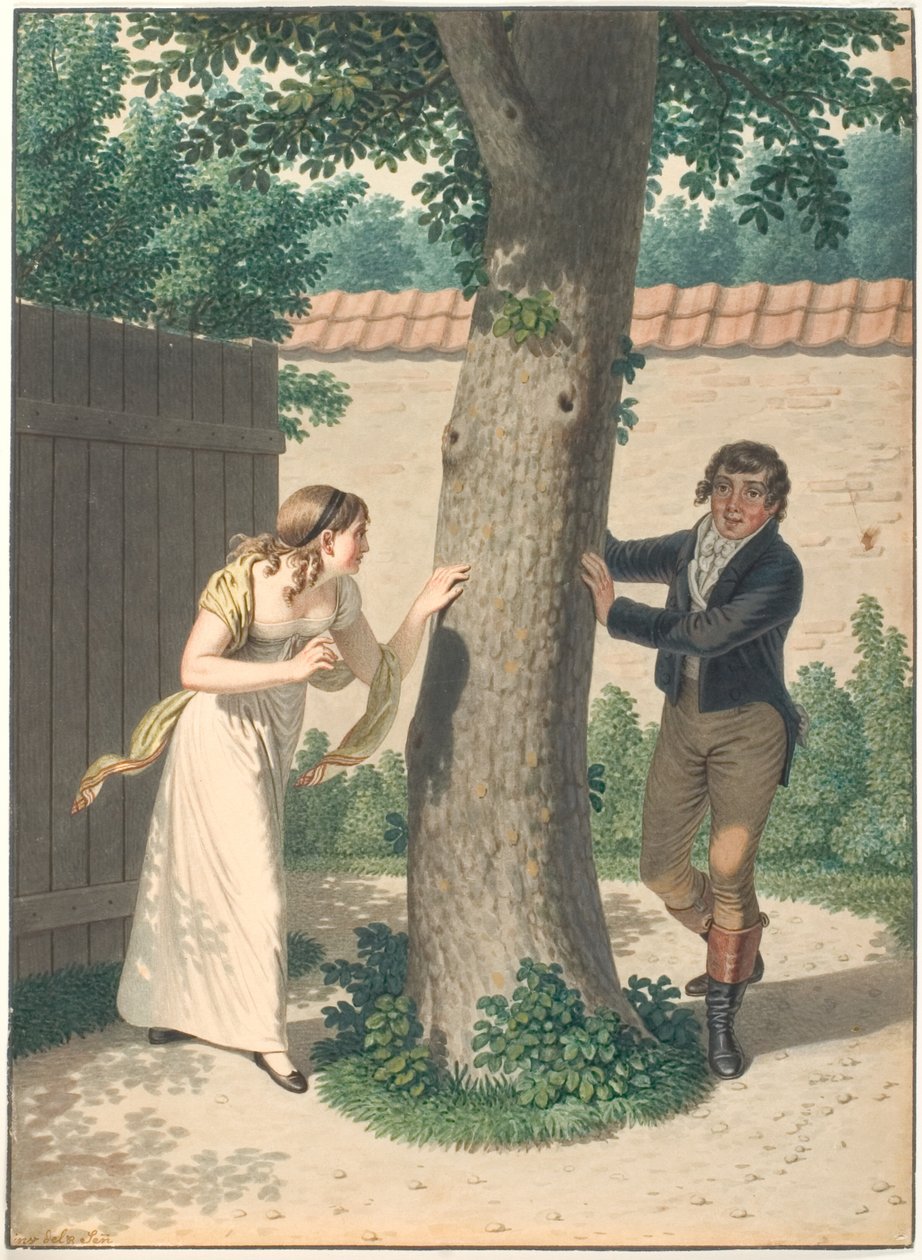 Jeune homme et fille jouant à cache-cache - Johannes Senn