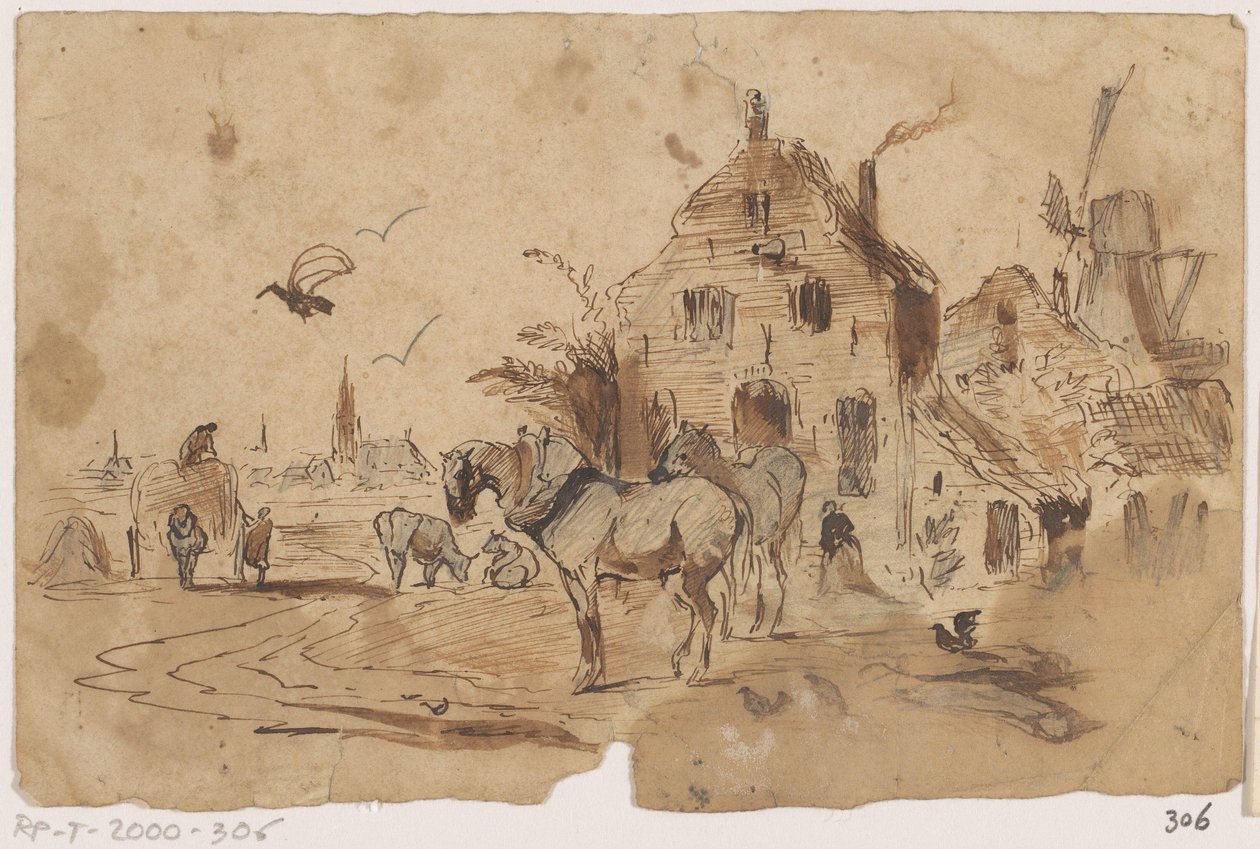 Chevaux dételés devant une maison - Johannes Tavenraat