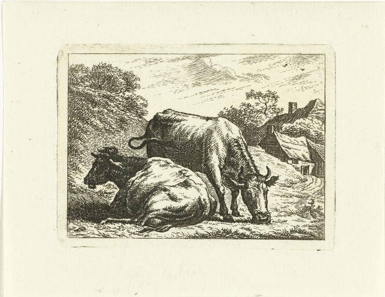 Deux vaches le long de la route près de la ferme - Johannes van Cuylenburgh