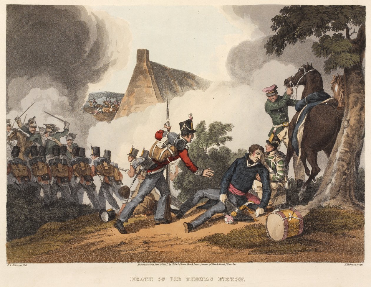 Mort de Sir Thomas Picton, gravé par M. Dubourg, 1819 (aquatinte en couleur) - John Augustus Atkinson