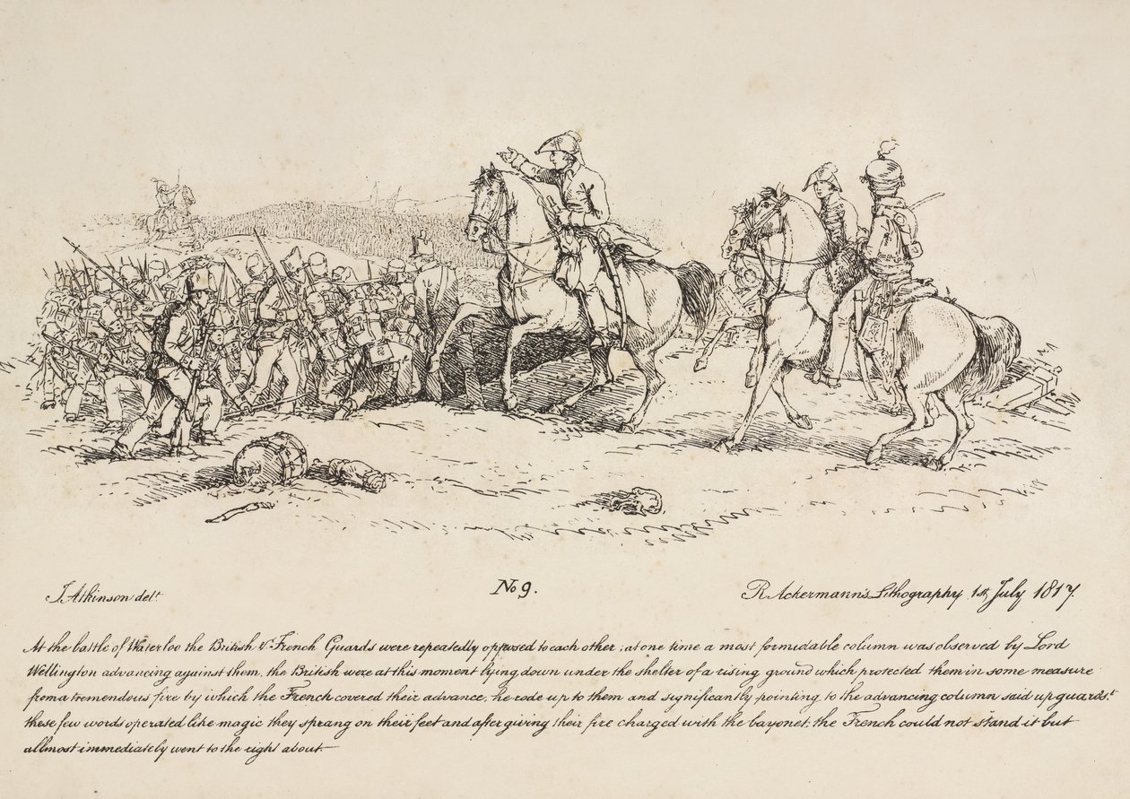 Wellington dirigeant une charge des gardes contre une colonne française à Waterloo, lithographie par R. Ackermann, 1815 - John Augustus Atkinson