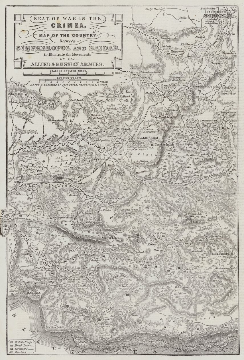 Théâtre de la guerre en Crimée, carte du pays entre Simpheropol et Baidar pour illustrer les mouvements des armées alliées et russes - John Dower