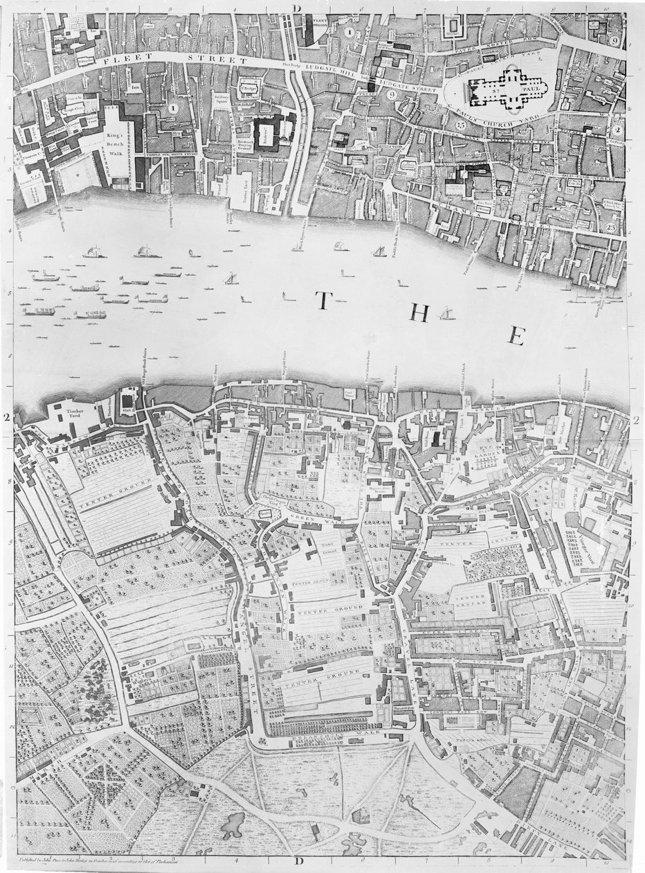 Carte de St Pauls et Bankside, Londres, 1746 - John Rocque
