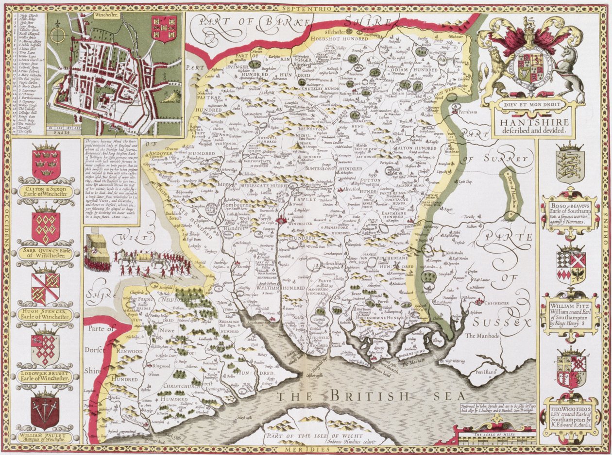 Hantshire, gravé par Jodocus Hondius (1563-1612) de 