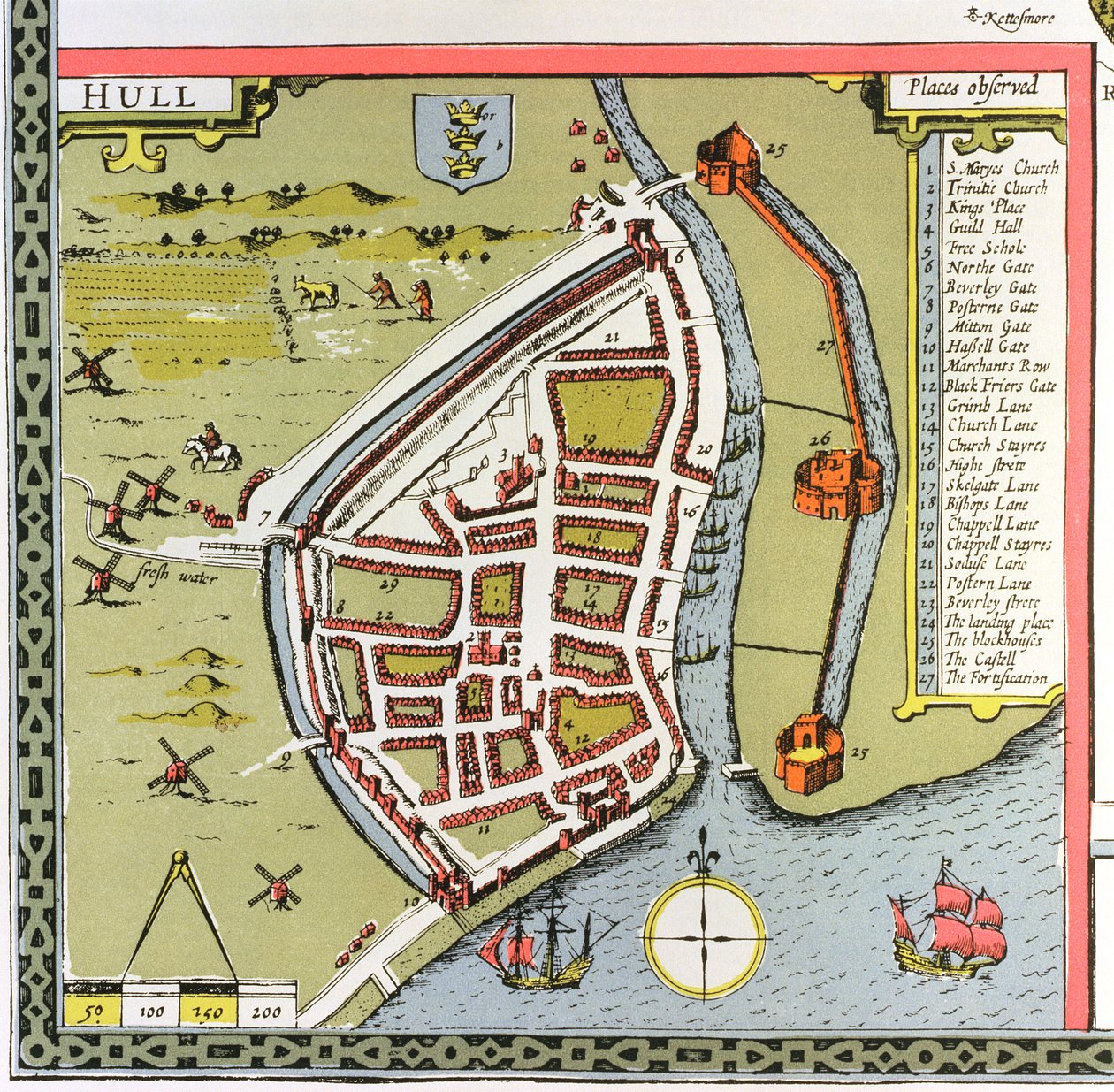 Hull, détail de la carte des North and East Ridings of Yorkshire, gravée par Jodocus Hondius (1563-1612) de 