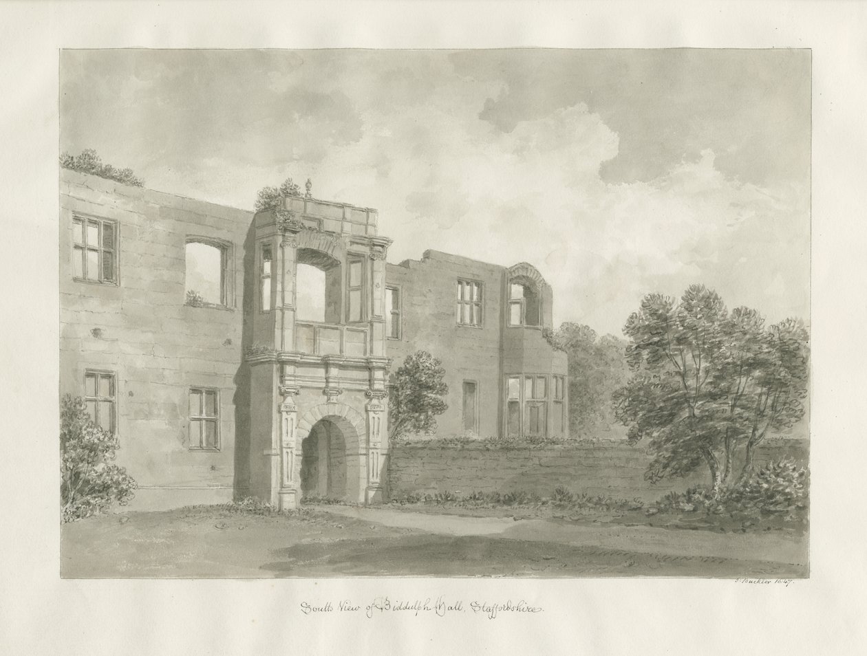Biddulph Hall (ancien) : dessin sépia - John Buckler