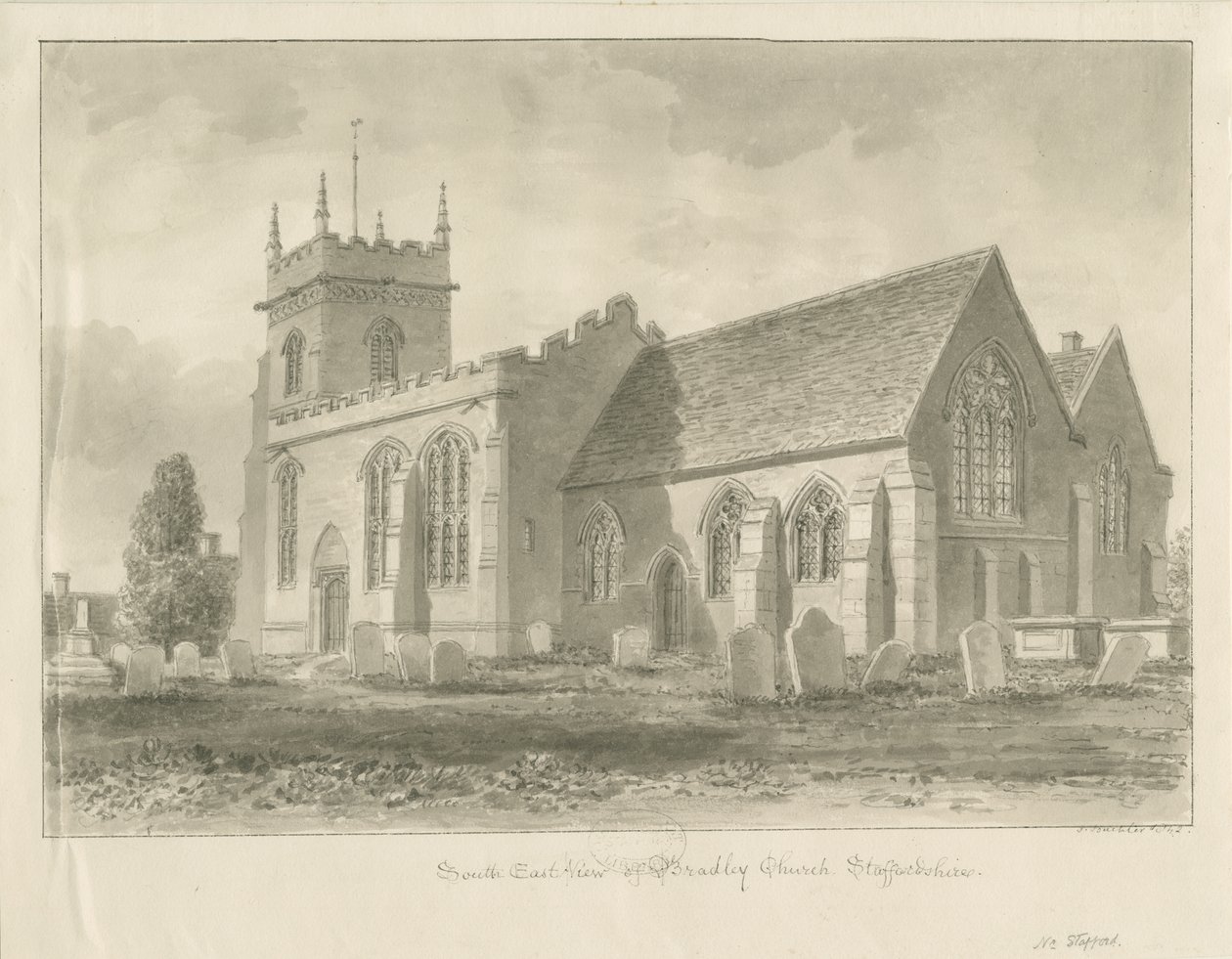 Église de Bradley : dessin sépia, 1842 - John Buckler