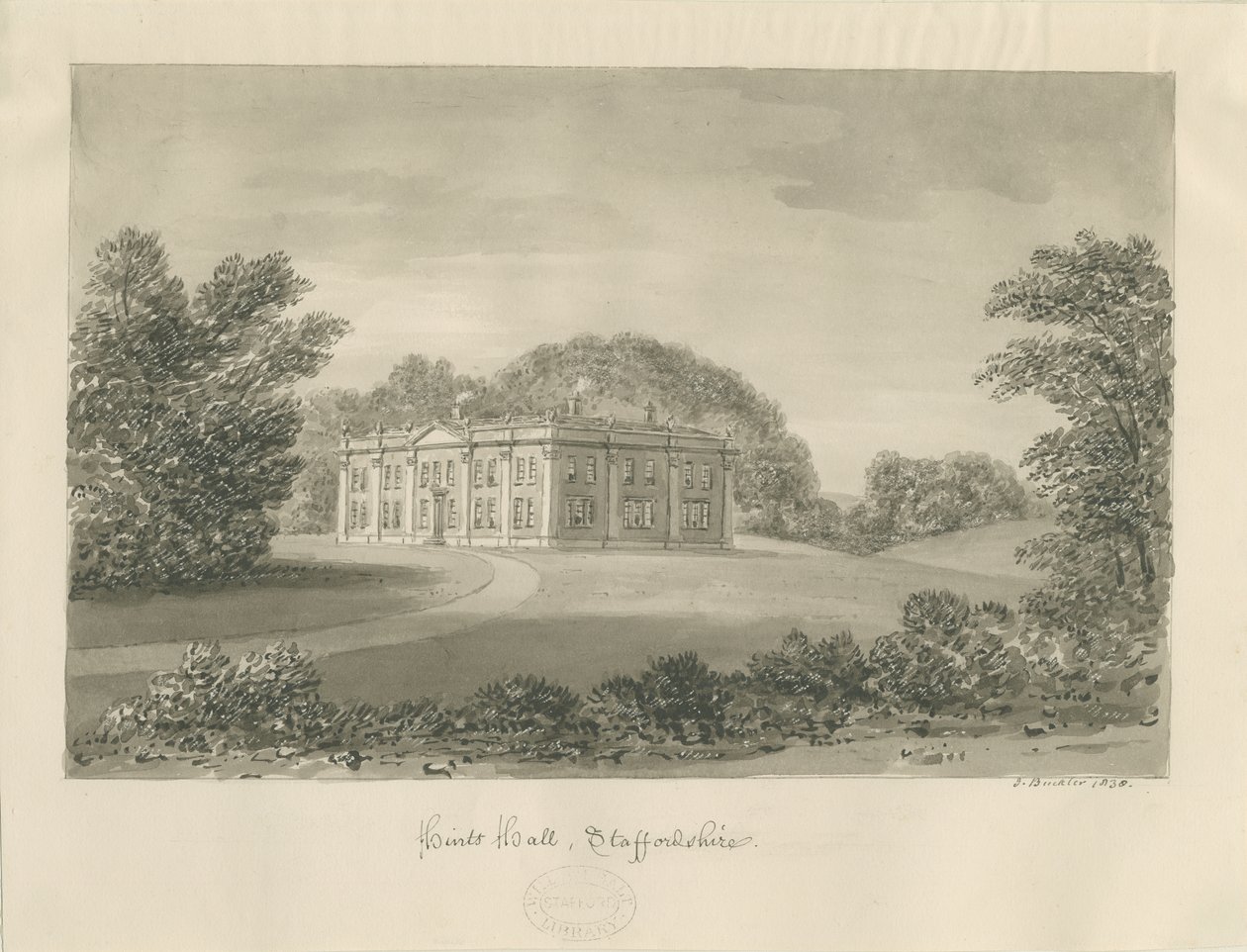 Hints Hall : dessin sépia - John Buckler