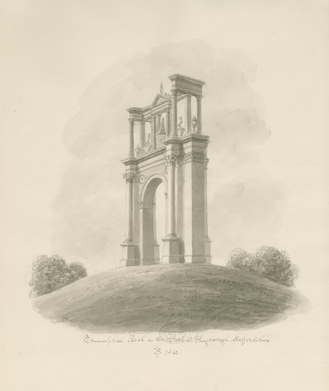 Shugborough - Arc de triomphe : dessin sépia - John Buckler