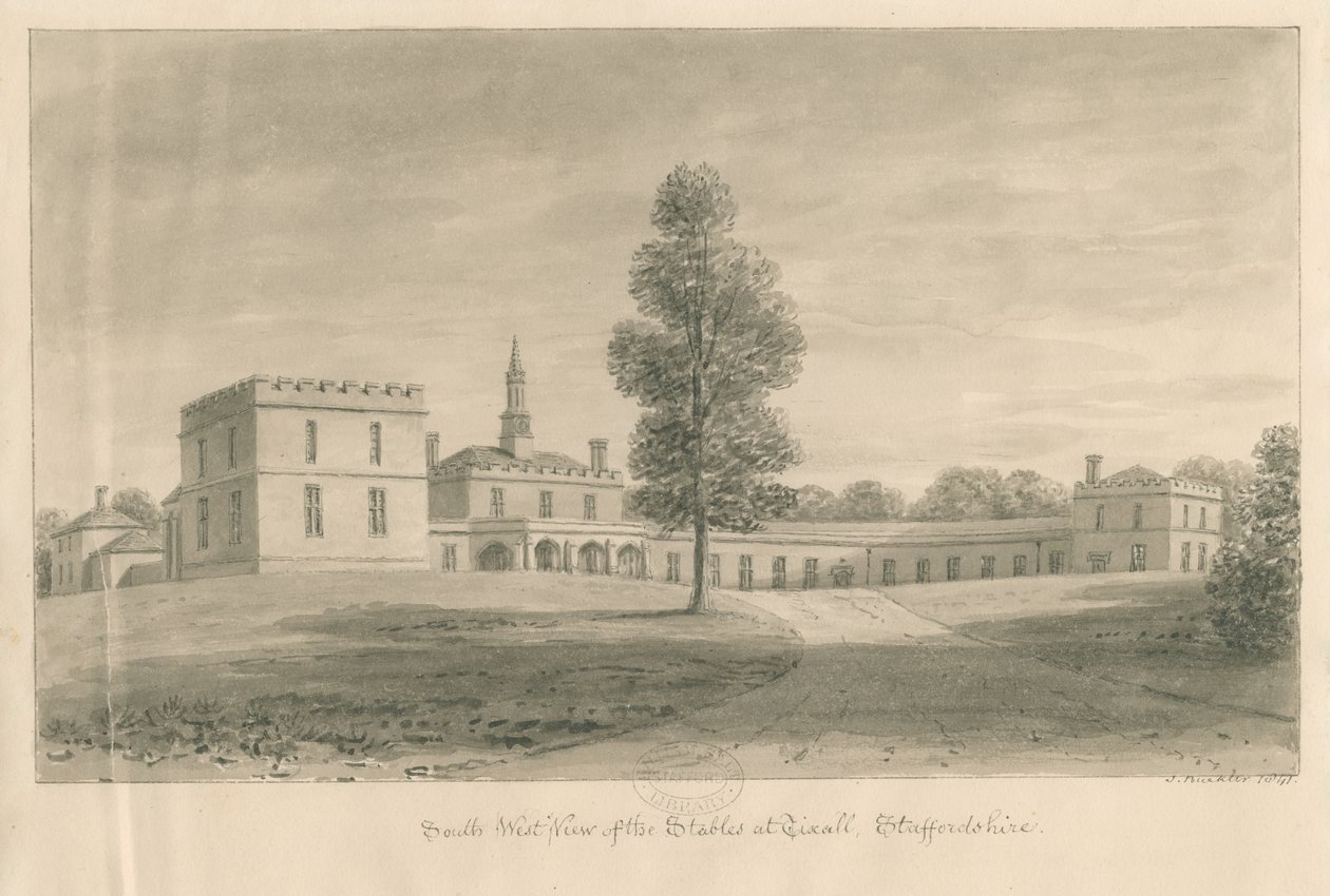 Tixall Hall - Écuries (dessin sépia, 1841) - John Buckler