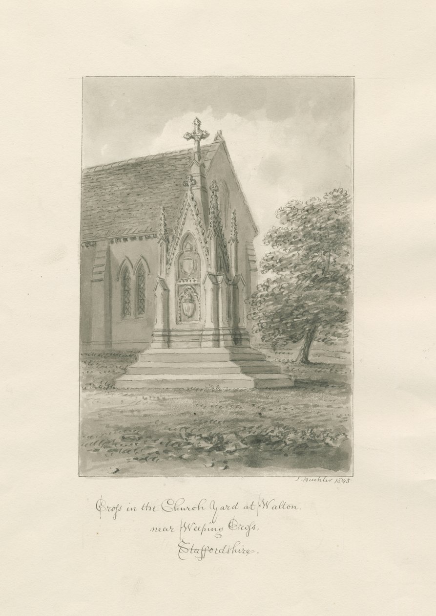 Église de Walton-on-the-Hill - Croix du cimetière : dessin sépia - John Buckler