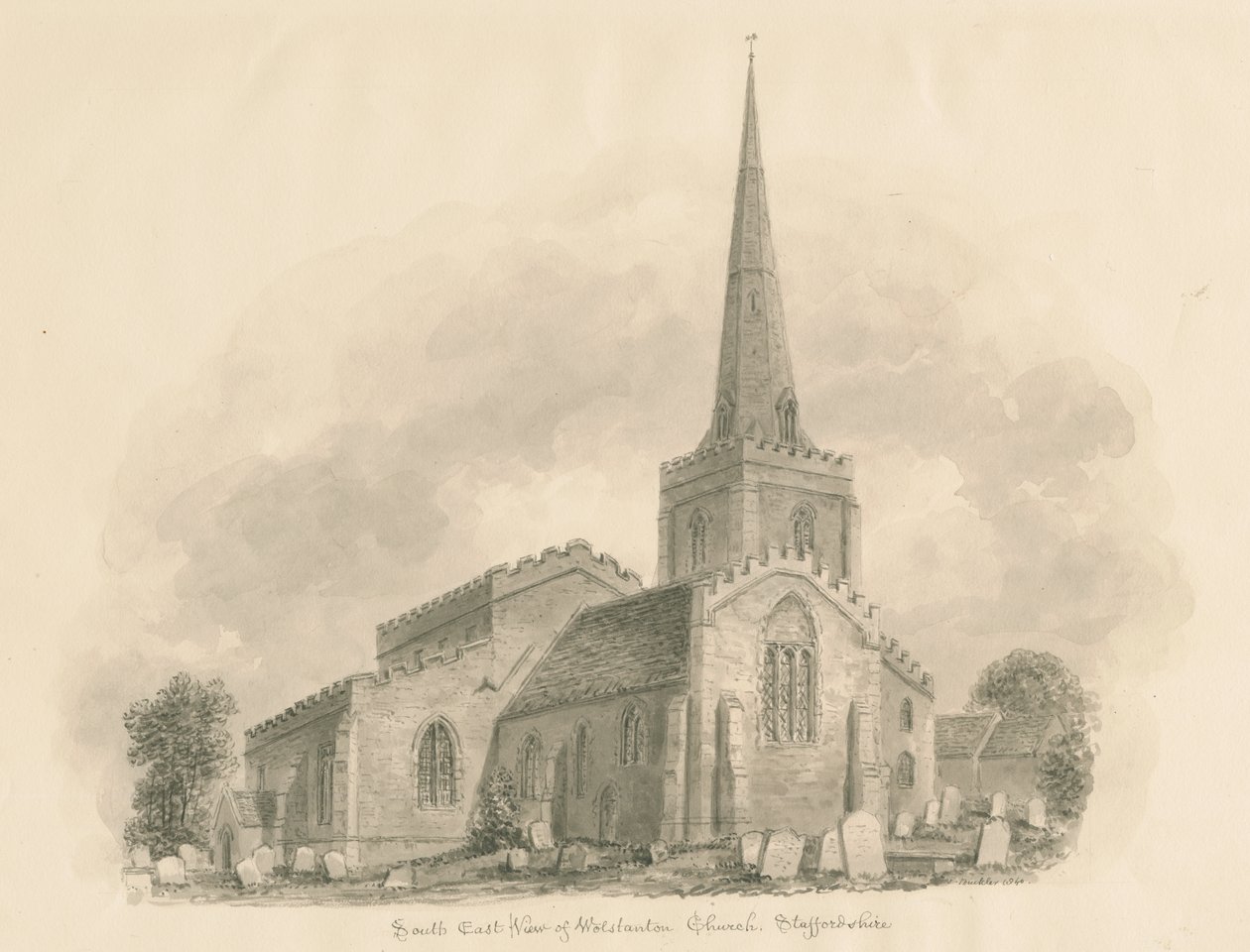 Église de Wolstanton : dessin sépia - John Buckler