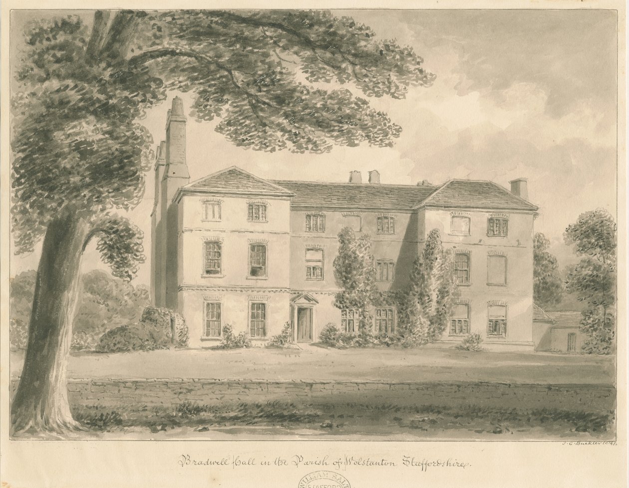 Wolstanton - Bradwell Hall : dessin sépia - John Chessell Buckler