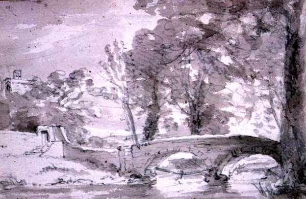 Pont avec arbres et bâtiments, à Haddon - John Constable