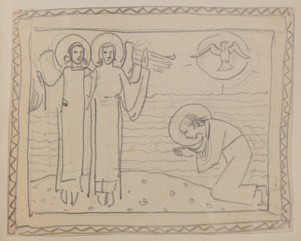 Sans titre [Figure agenouillée et deux anges] - John Duncan