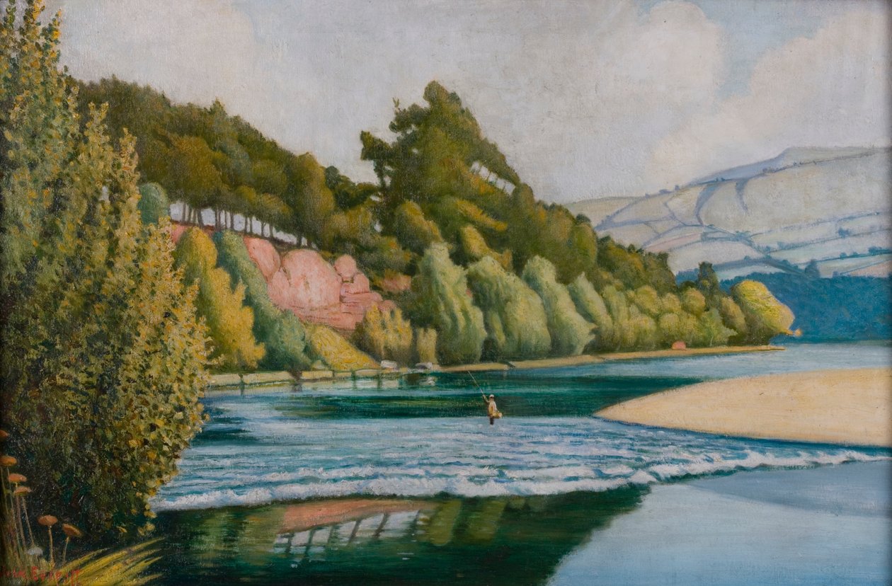 Scène de rivière avec pêcheur - John Everett