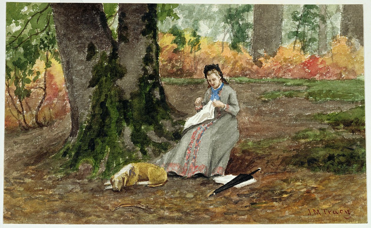 Femme brodant sous un arbre - John Martin Tracy