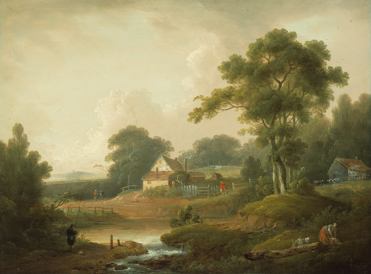 Paysage avec pêcheur et lavandière - John Rathbone