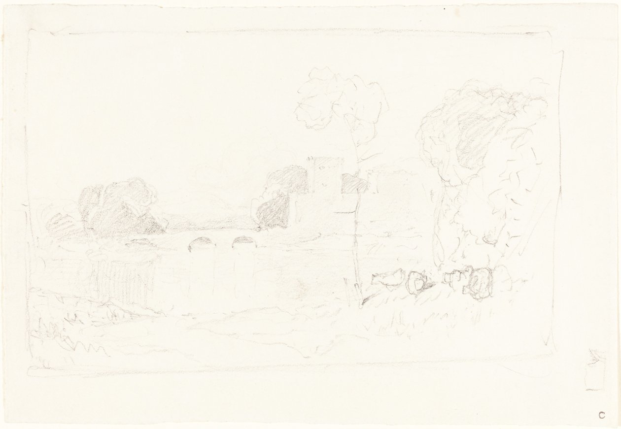 Esquisse de paysage avec pont et château - John Sell Cotman