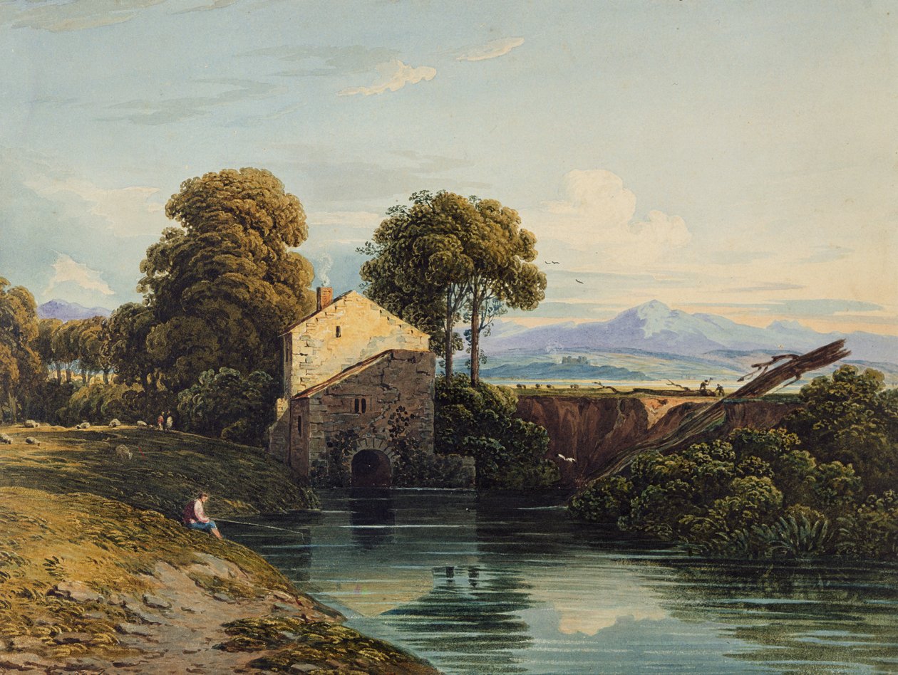 Moulin à eau avec château et collines au loin - John Varley