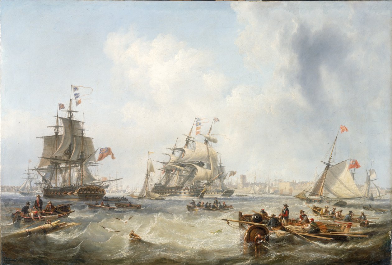 Navires de Guerre au Large du Port de Portsmouth - John Wilson Carmichael