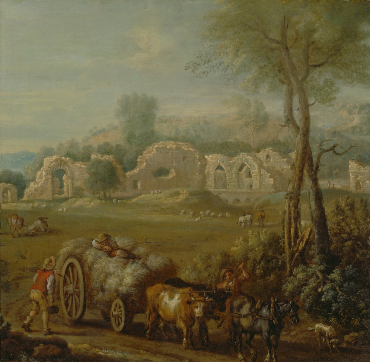 Haycart passant devant une abbaye en ruine - John Wootton