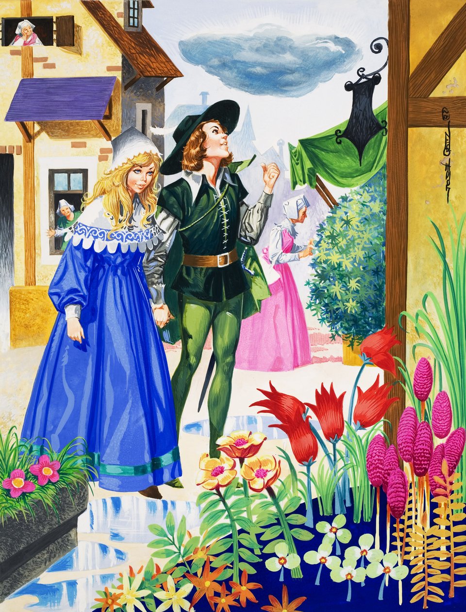 Couple admirant des fleurs (gouache sur papier) - Jose Ortiz