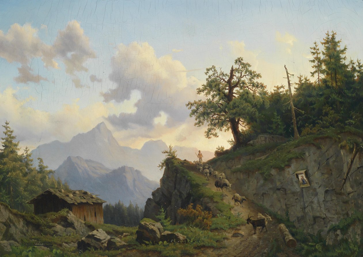 Berger avec son troupeau sur le chemin du retour - Josef Thoma