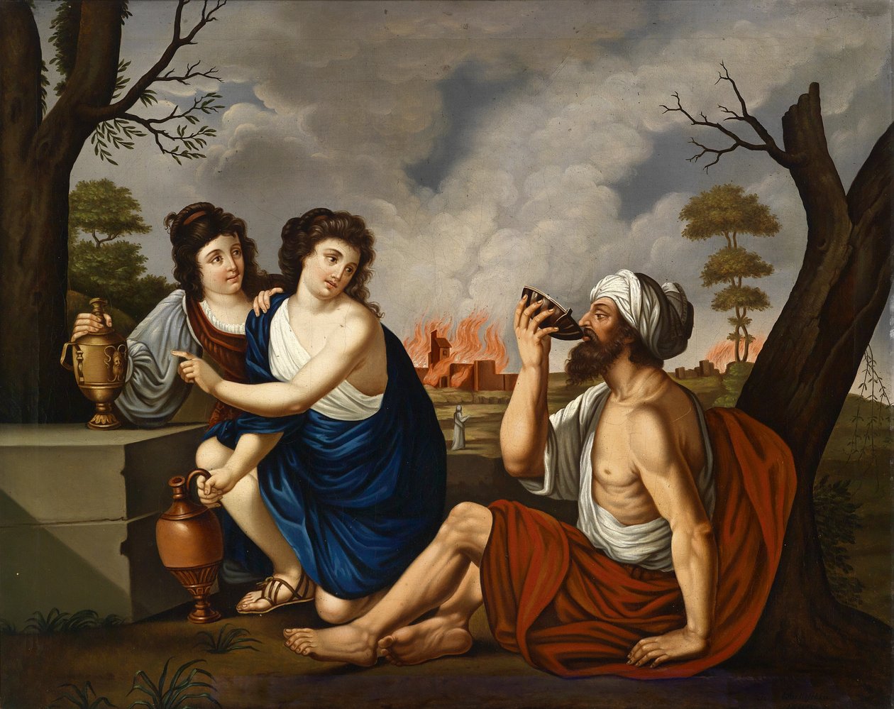 Lot et ses filles, avec Gomorrhe en feu en arrière-plan - Josef Worlicek