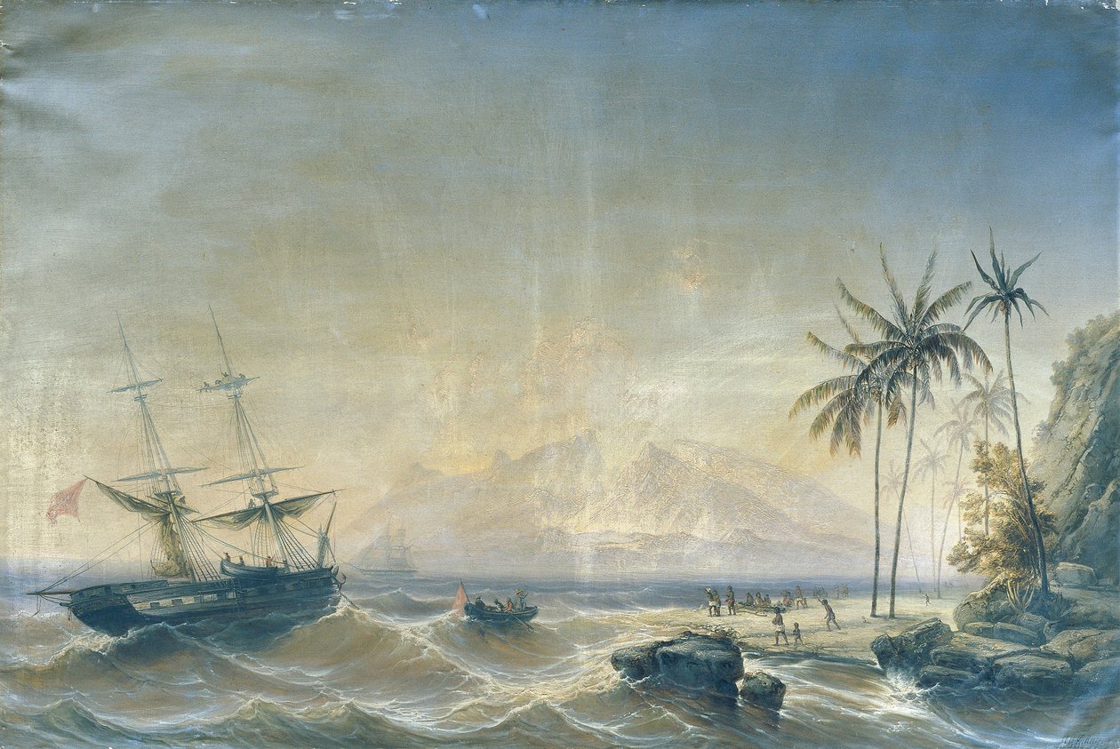 Navire de guerre devant les îles du Pacifique Sud - Josef Carl Berthold Püttner