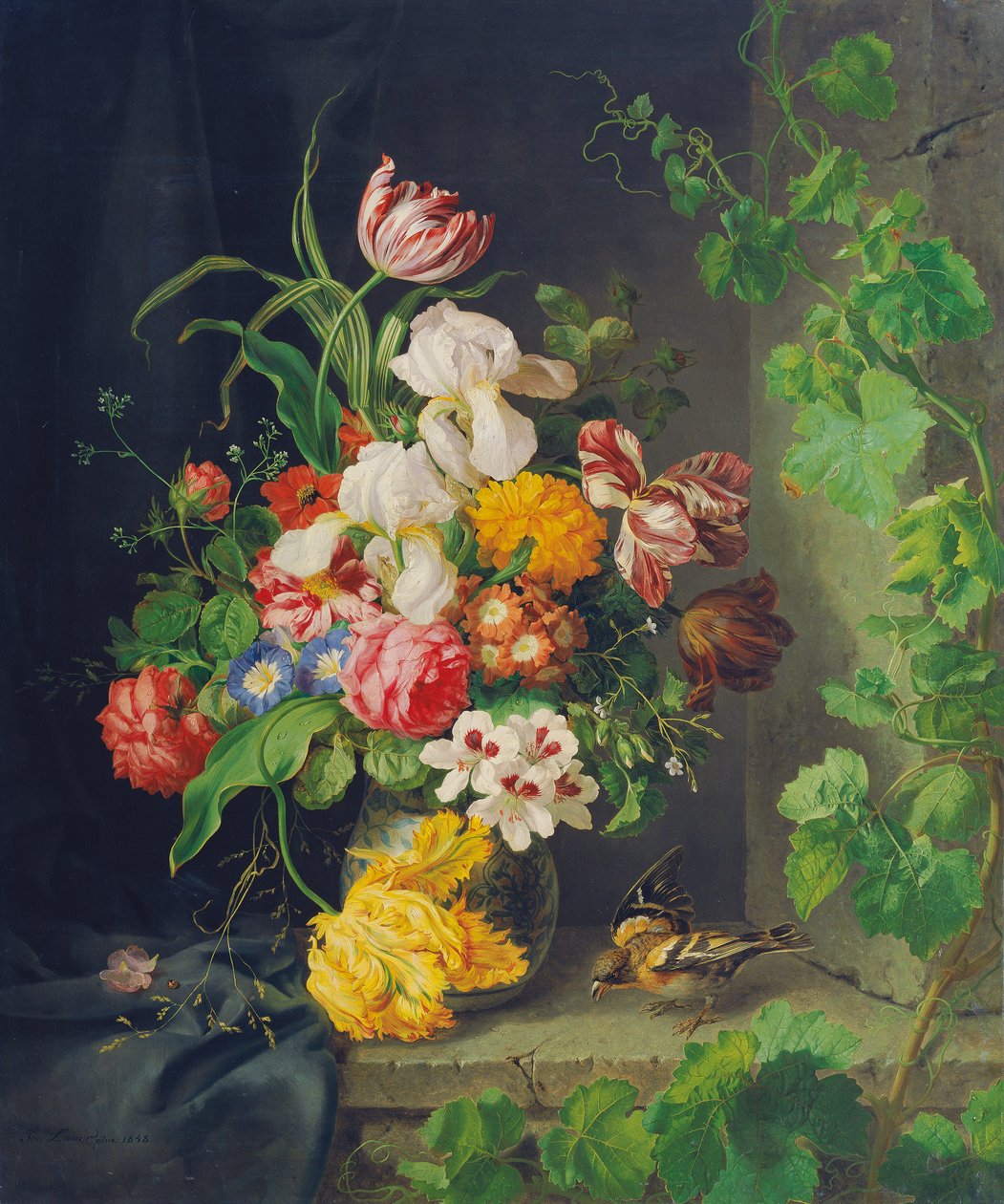 Nature morte de fleurs avec moineau et vigne - Josef Lauer